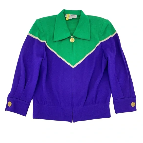 St. John Knit Bomber Cardigan Jacket Small Green/Purple - Picture 3 of 16